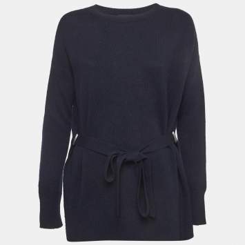 مملوكة مسبقًا Theory Navy Blue Cashmere Self-Tie Belt Crewneck Sweater S