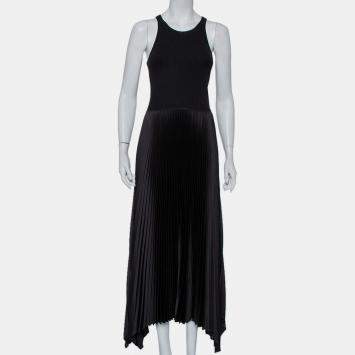 Pre Owned Theory Black Rib Knit & Plisse Sleeveless Asymmetric Hem Vinessi Maxi Dress S