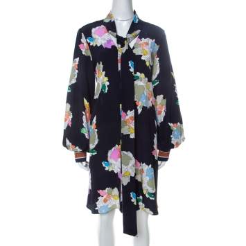 Pre Owned Tibi Navy Blue Camellia Print Silk Tie Neck Dress M