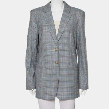 Pre Owned Tibi Grey Cooper Plaided Wool & Silk Cutout Detail  Blazer L