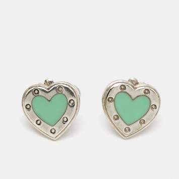 Pre Owned Tiffany & Co. Love Tiffany Blue® Enamle Heart Sterling Silver Stud Earrings