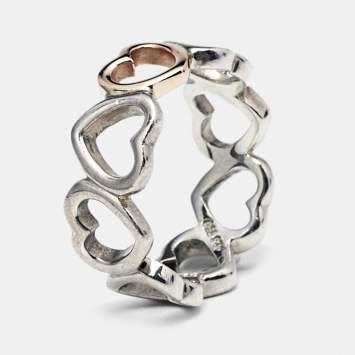 Pre Owned Tiffany & Co. Open Heart Sterling Silver 18k Rose Gold Ring Size 50