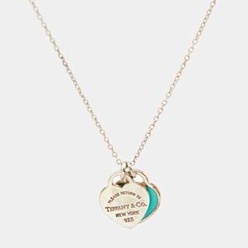 Pre Owned Tiffany & Co. Return to Tiffany Mini Double Heart Tag Pendant Blue Enamel Sterling Silver Chain Necklace