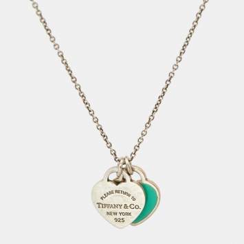 Pre Owned Tiffany & Co. Return to Tiffany Blue Enamel Double Heart Tag Sterling Silver Necklace