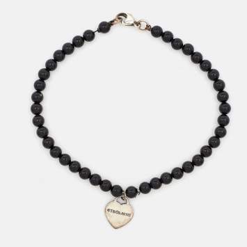 Pre Owned Tiffany & Co. Return To Tiffany Silver Heart Tag Onyx Bead Bracelet