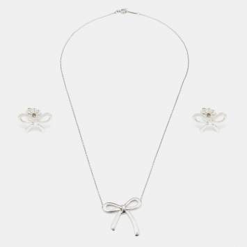 Pre Owned Tiffany & Co. Bow Sterling Silver Pendant Necklace And Earrings