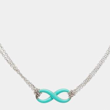 Pre Owned Tiffany & Co Blue Enamel Infinity Pendant Sterling Silver Double Chain Necklace