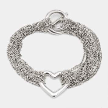 Pre Owned Tiffany & Co. Open Heart Sterling Silver 925 Multistrand Toggle Bracelet