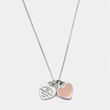 Pre Owned Tiffany & Co. Return to Tiffany® Pink Enamel Diamond Sterling Silver Double Heart Tag Pendant Necklace