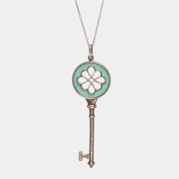 Pre Owned Tiffany & Co. Knot Key Enamel Silver Pendant Oval Chain Link Necklace 