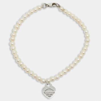 Pre Owned Tiffany & Co. Return To Tiffany Cultured Pearl Sterling Silver Heart Tag Bracelet