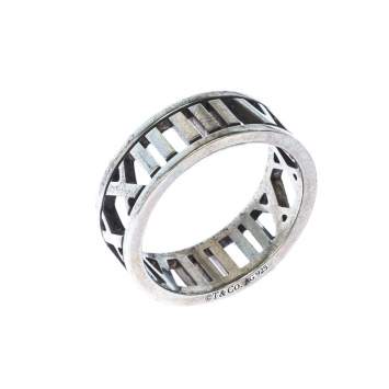 Pre Owned Tiffany & Co. Atlas Openwork Roman Numeral Silver Band Ring Size 53