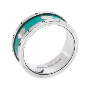 Pre Owned Tiffany & Co. Return to Tiffany Enamel Love Heart Silver Ring Size 56