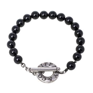 Pre Owned Tiffany & Co. Sterling Silver Onyx Bead Bracelet