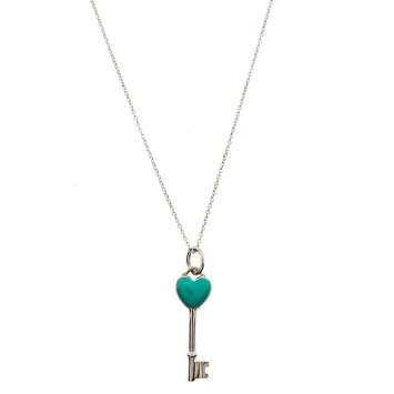 Pre Owned Tiffany & Co. Blue Enamel Heart Key Silver Pendant Necklace 