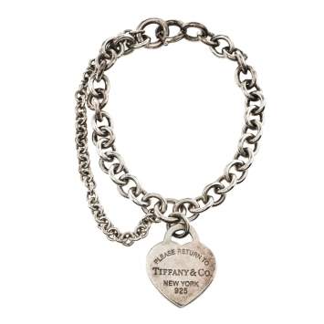 Pre Owned Tiffany & Co. Sterling Silver Double Chain Heart Tag Bracelet