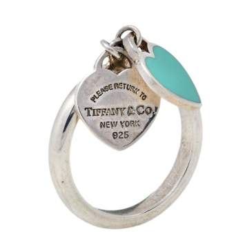 Pre Owned Tiffany & Co. Return To Tiffany Sterling Silver Double Heart Charm Ring Size EU 52