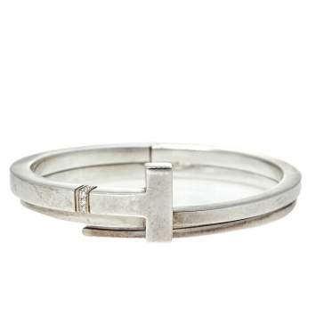 Pre Owned Tiffany & Co. Sterling Silver Diamonds T Square Wrap Bracelet