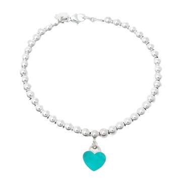 Pre Owned Tiffany & Co. Return To Tiffany Blue Enamel Heart Tag Silver Bead Bracelet 