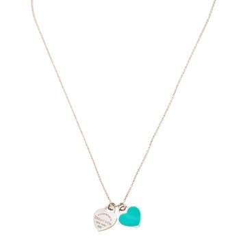 Pre Owned Tiffany & Co. Return to Tiffany Blue Enamel Mini Double Heart Tag Silver Pendant Necklace 