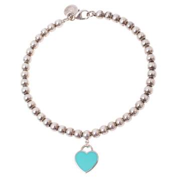 Pre Owned Tiffany & Co. Return To Tiffany Sterling Silver Blue Heart Tag Bead Bracelet