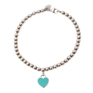 Pre Owned Tiffany & Co. Return To Tiffany Blue Enamel Heart Tag Silver Bead Bracelet