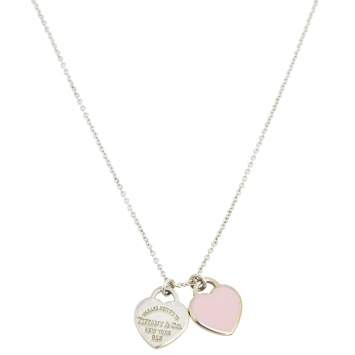 Pre Owned Tiffany & Co. Return to Tiffany Pink Enamel Double Heart Tag Silver Pendant Necklace 