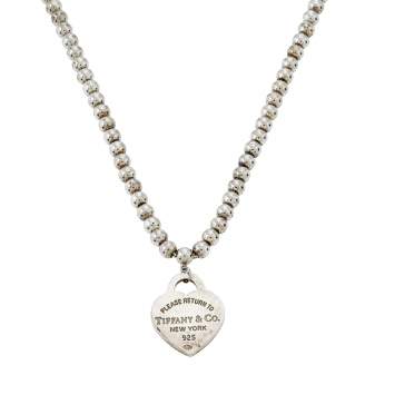 Pre Owned Tiffany & Co. Return To Tiffany Sterling Silver Heart Pendant Beaded Necklace 
