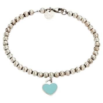 Pre Owned Tiffany Return to Tiffany Blue Enamel Heart Tag Silver Beads Bracelet