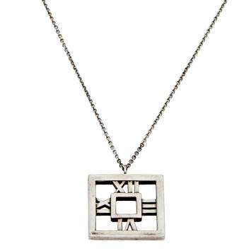 Pre Owned Tiffany & Co. Square Atlas Open Silver Pendant Necklace