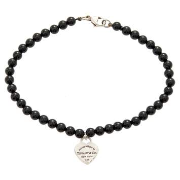 Pre Owned Tiffany & Co. Return To Tiffany Silver Heart Tag Onyx Bead Bracelet