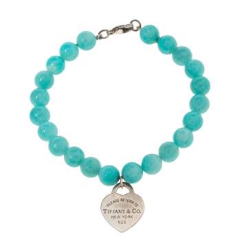 Pre Owned Tiffany & Co. Return To Tiffany Amazonite Beads Mini Heart Tag Silver Bracelet
