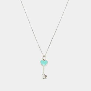 Pre Owned Tiffany & Co. Enamel Heart Key Silver 925 Pendant Necklace
