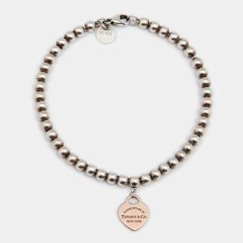 Pre Owned Tiffany & Co. Sterling Silver Rubedo Heart Charm Bead Bracelet