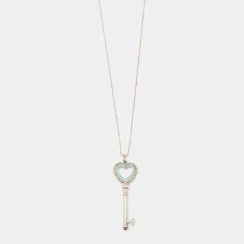 Pre Owned Tiffany & Co. Tiffany Keys Enamel Heart Key Pendant Silver Beaded Necklace