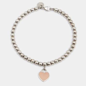 Pre Owned Tiffany & Co. Return to Tiffany Pink Enamel Heart Tag Silver Bead Bracelet