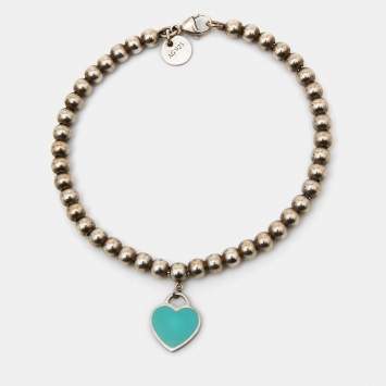 Pre Owned Tiffany & Co. Return to Tiffany Enamel Heart Tag Sterling Silver Beaded Bracelet
