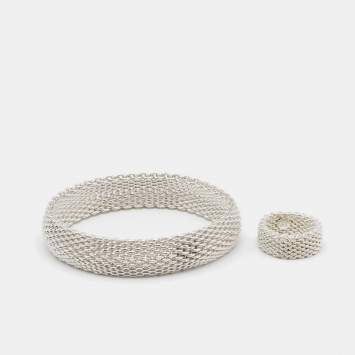 Pre Owned Tiffany & Co. Somerset Mesh Sterling Silver Ring Bracelet Set