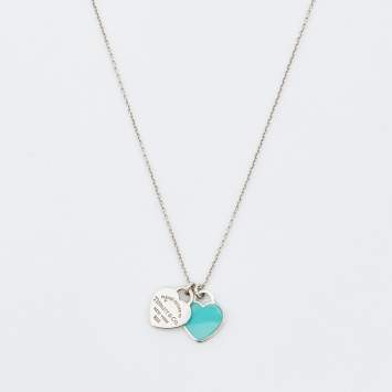 Pre Owned Tiffany & Co. Return To Tiffany Blue Enamel Double Heart Tag Pendant Necklace