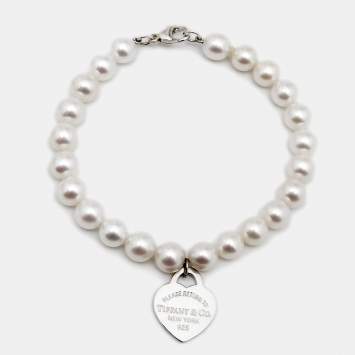 Pre Owned Tiffany & Co. Return To Tiffany Cultured Pearl Sterling Silver Heart Tag Bead Bracelet