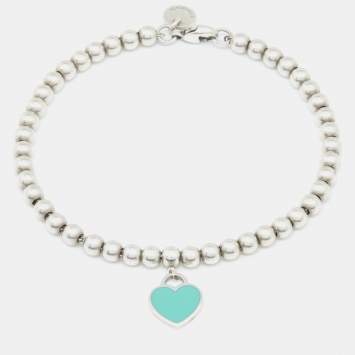 Pre Owned Tiffany & Co. Return to Tiffany Blue Enamel Heart Tag Silver Bead Bracelet