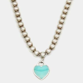 Pre Owned Tiffany & Co. Sterling Silver Return To Tiffany Blue Enamel Heart Tag Bead Necklace