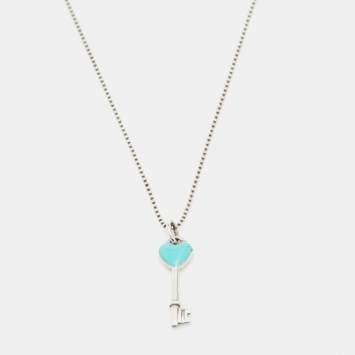 Pre Owned Tiffany & Co. Sterling Silver Blue Enamel Heart Key Pendant Necklace
