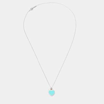 Pre Owned Tiffany & Co. Return to Tiffany Blue Enamel Sterling Silver Double Heart Tag Pendant Necklace