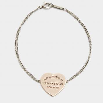 Pre Owned Tiffany & Co. Return To Tiffany Sterling Silver Rubedo Heart Tag Double Chain Bracelet