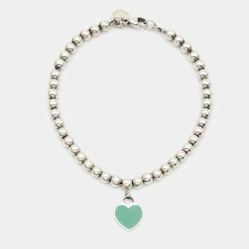 Pre Owned Tiffany & Co. Return To Tiffany Love Heart Tag Blue Enamel Sterling Silver Beaded Bracelet