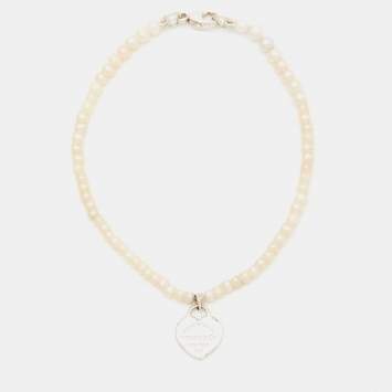 Pre Owned Tiffany & Co. Return To Tiffany Silver Heart Tag Pearl Bracelet