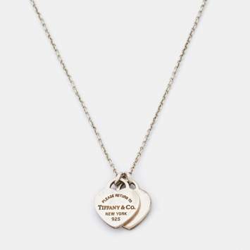 Pre Owned Tiffany & Co. Return To Tiffany Double Heart Tag Silver Pendant Chain Necklace