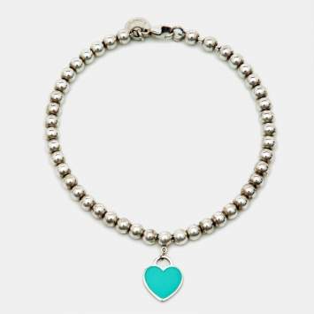 Pre Owned Tiffany & Co. Return to Tiffany Heart Tag Blue Enamel Silver Bead Bracelet 