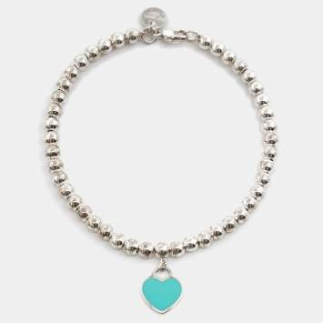 Pre Owned Tiffany & Co. Return to Tiffany Enamel Heart Tag Sterling Silver Beaded Bracelet